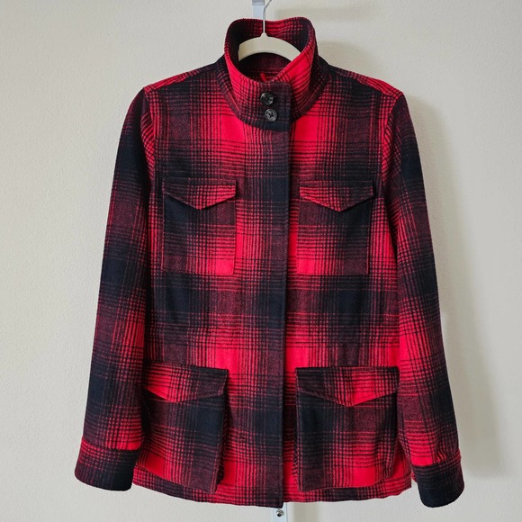 LEVI'S Women's Red & Black Plaid Wool Blend Zipper and Snap Button Jacket Sz S - Picture 2 of 16